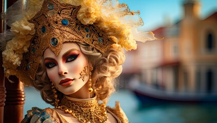 Beautiful young blonde woman in a carnival costume of golden shades, with evening makeup at the Mardi Gras festival Venice, Italy