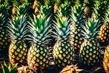 A detailed photograph of a pineapple plantation with rows of spiky, tropical fruit ready for harvest.