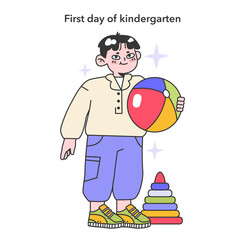 First day of kindergarten. Childhood years life milestones. Child playing toys and educational games. Day care center, preschool education. Flat vector illustration