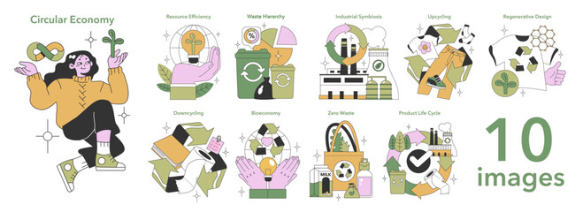 Circular Economy set. Sustainable living, innovative recycling concepts. Eco-friendly resource management, waste reduction. Flat vector illustration