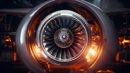 Modern turbofan jet engine blades background. Close up of turbojet of aircraft or spacecraft on with glowing yellow orange neon lights. Blades of the turbofan engine of the airplane. - Powered by Adobe