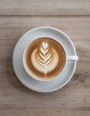 cup of coffee, shot from above on a clean wooden surface