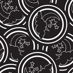 Starry night seamless vector pattern with moon, stars and clouds. Boho style decorative background for wallpaper, digital paper, wrapping design, fashion fabric, textile print. Hand drawn illustration