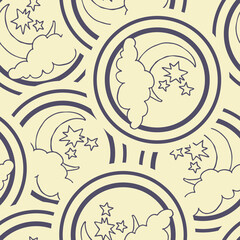 Starry night seamless vector pattern with moon, stars and clouds. Boho style decorative background for wallpaper, digital paper, wrapping design, fashion fabric, textile print. Hand drawn illustration