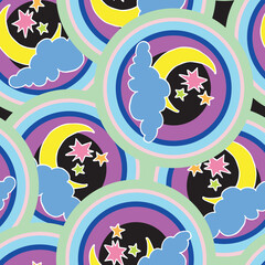 Starry night seamless vector pattern with moon, stars and clouds. Boho style decorative background for wallpaper, digital paper, wrapping design, fashion fabric, textile print. Hand drawn illustration