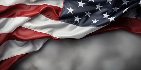 United States flag waving on gray background, copy space