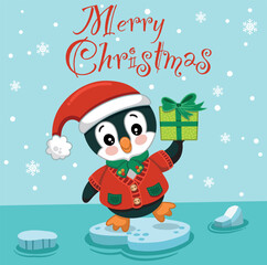 Merry Christmas greeting card with cute penguin content. Vector illustration.