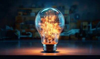 Foto op Plexiglas Enchanted Luminescence: Light Bulb with Fiery Dandelion Seeds © Artbotics