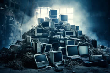Huge pile of the electronic computer monitor screen display waste and garbage for recycling in the city background. Pile of recycled and reused environment concept. - obrazy, fototapety, plakaty