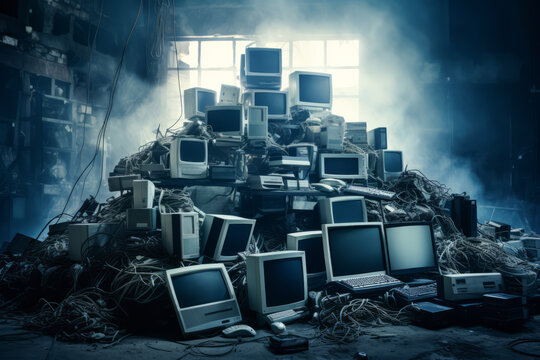 Huge pile of the electronic computer monitor screen display waste and garbage for recycling in the city background. Pile of recycled and reused environment concept.