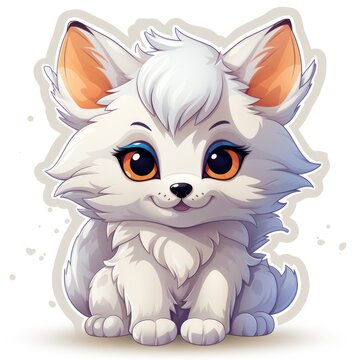 A cute little white polar fox with big orange eyes.