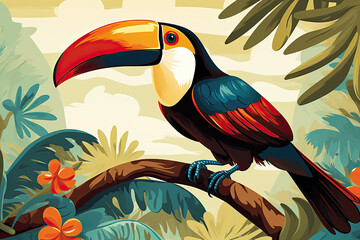 Art life of toucan in nature, block print style ai generated - obrazy, fototapety, plakaty