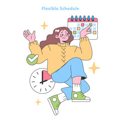 Joyful woman celebrates the freedom of a flexible schedule, pointing at a vibrant calendar while surrounded by stars and a ticking clock. Balancing time with ease and confidence. vector illustration