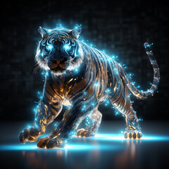 a cyber tiger with blue lights on his back, in the style of photorealistic still life