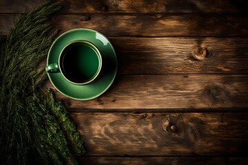 A rustic and textured top-down view featuring a green mug placed on a wooden table with a grunge background. 