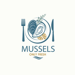 label of fresh mussel shell isolated on light background