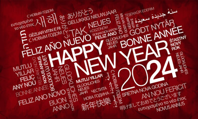 Happy New Year 2024 international greetings eve language words text tag cloud
