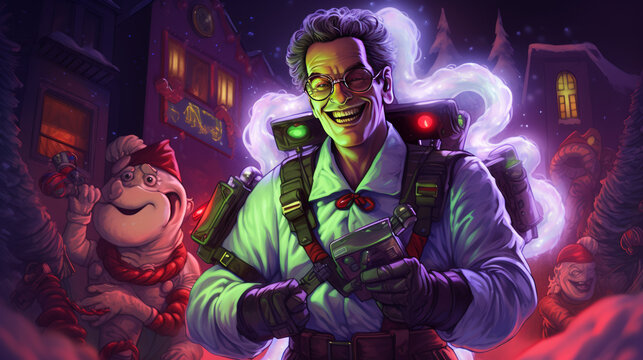 A cringe ghost hunter in synthwave colors