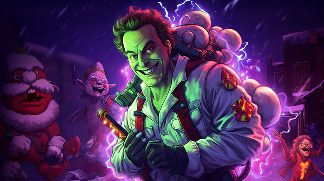 A cringe ghost hunter in synthwave colors