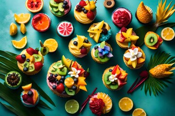Overhead view of tropical-themed cupcakes adorned with exotic fruit toppings, transporting you to a colorful island paradise.