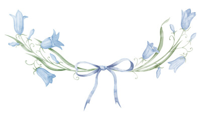 Fototapeta na wymiar Floral Wreath of Bell Flowers. Hand drawn watercolor Frame with Bluebells on isolated background. Botanical circular backdrop with wild bellflowers in pastel colors for wedding invitations.