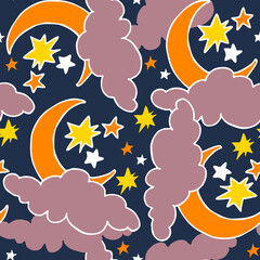 Fototapeta na wymiar Starry night seamless vector pattern with moon, stars and clouds. Boho style decorative background for wallpaper, digital paper, wrapping design, fashion fabric, textile print. Hand drawn illustration