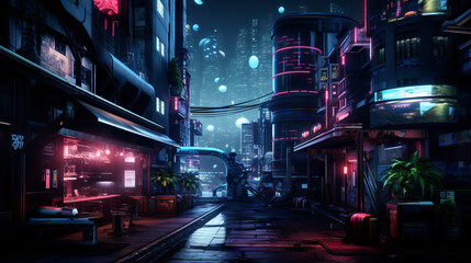 Fototapeta na wymiar A futuristic cyberpunk city at night