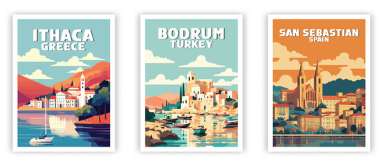 Fototapeta premium San Sebastian, Ithaca, Bodrum Illustration Art. Travel Poster Wall Art. Minimalist Vector art.