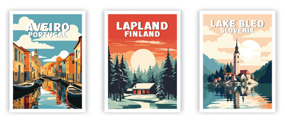 Lake Bled, Aveiro, Lapland Illustration Art. Travel Poster Wall Art. Minimalist Vector art. - obrazy, fototapety, plakaty
