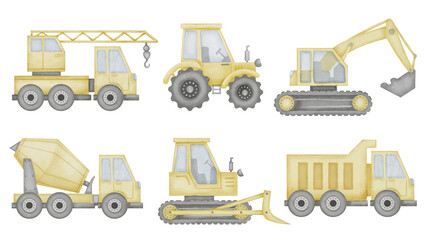 Truck Set Watercolor illustration. Hand drawn clip art of baby toy cars on isolated background. Tractor with lorry and concrete mixer drawing. Sketch of auto crane with excavator and bulldozer. © Alisles