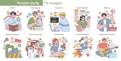 Lifelong learning and skill development set. Diverse people engaged in education from soft skills to musical talent. Flat vector illustration.