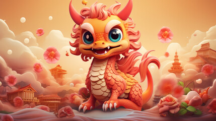 Fototapeta premium A cute small red dragon chinese new year zodiac background