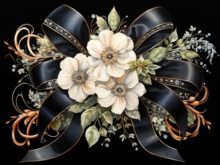 A close up of a bouquet of flowers on a black background.