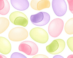 Mochi colored, seamless pattern. Japanese traditional sweet soft dessert. Bento mochi dish. Ball of rice flour with bean paste. Vector illustration with healthy sweet snack.
