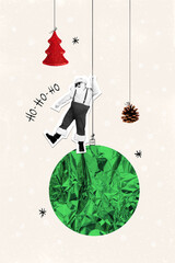 Vertical creative collage image of positive santa claus tree toys christmas new year greeting card template holiday x-mas congratulation