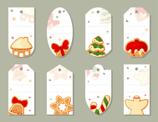 Christmas label gift tags holiday flat set. Paper sticker decoration packing price gingerbread house gift xmas tree ball candy bell snowflake angel strawberry ads note new year greeting discount sale