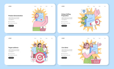 Obraz na płótnie Canvas Product Launch Series set. Illustrates product demonstration, unique selling proposition, and targeting the right audience with live demos. Flat vector illustration