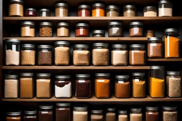 A top-down view of an organized kitchen pantry, with neatly arranged jars of heirloom grains, specialty flours, and rare spices.