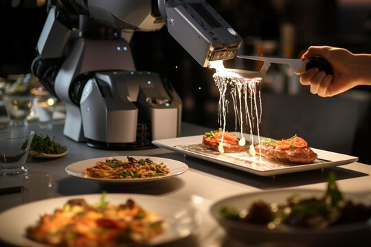 Culinary experience where algorithms craft unique and unexpected dishes, High-tech kitchen or avant-garde dining space, AI-driven recipe generation and robotic culinary assistance