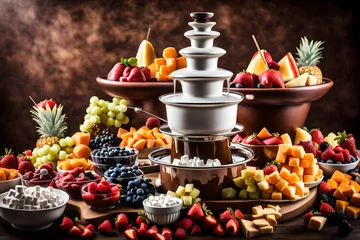 Fototapeten A decadent chocolate fondue fountain, surrounded by an assortment of fruits and marshmallows for dipping. © Resonant Visions