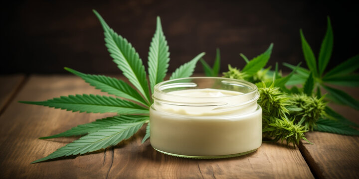 Jar of CBD cream on a rustic wooden table with hemp leaves and medical cannabis flower buds nearby, alternative treatment and bodycare with natural cosmetic product