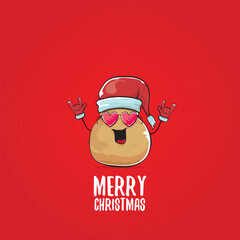 vector funky comic cartoon cute smiling santa claus potato with red santa hat and calligraphic merry christmas text isolated on red background. Happy Santa Claus clip art