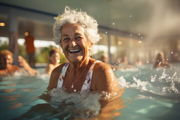 elderly happy woman doing water aerobics in the pool at a group lesson
