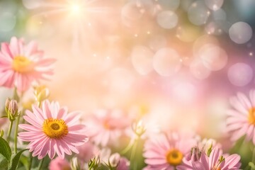 springtime background with flowers and sunshine. Springtime flowers with bokeh over a hazy pink backdrop.