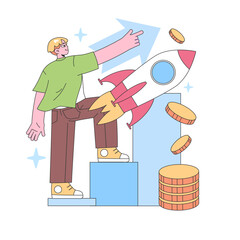 Ambitious Visionary concept. A dynamic man confidently pointing towards an upward trajectory, while standing on rising bars, a soaring rocket and coins depicting growth and prosperity. Flat vector