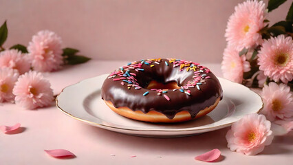  real photo of a chocolate donut in a china dish on a table next to beautiful pink flowers