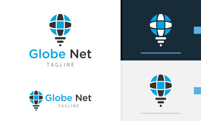 Logo design icon of geometric globe with line below it showing wireless signal or light bulb lamp