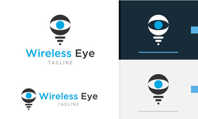 Logo design icon of geometric eye ball with line below it showing wireless signal or light bulb lamp
