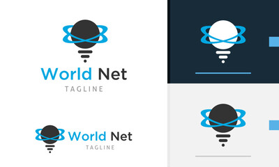 Logo design icon of geometric planet with line below it showing wireless signal or light bulb lamp