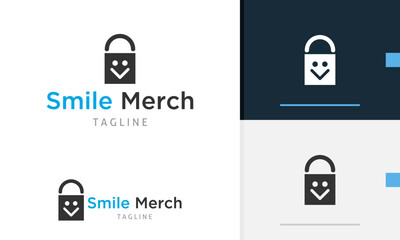 Logo design icon of geometric bag with happy smile face design on it for fashion or clothing